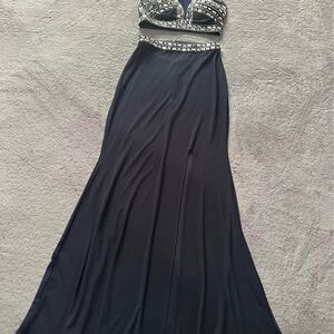 Blondie Nites Women’s 2-PC Navy Blue Silver Gems Evening Gown/Prom Dress